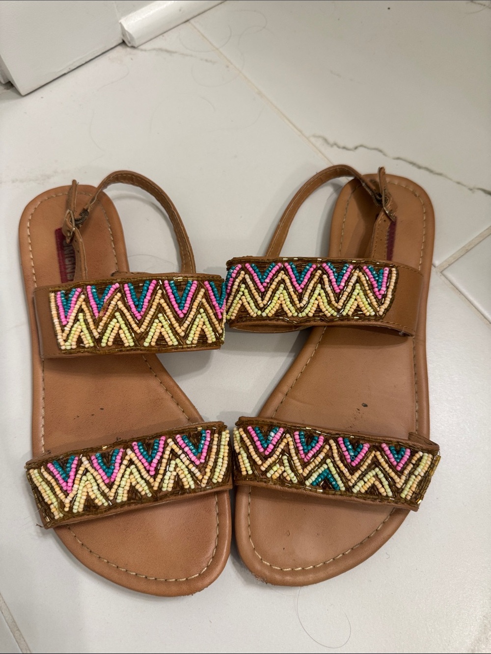 UNIONBAY Tan Beaded Sandals with Pink, Yellow & Teal Accents